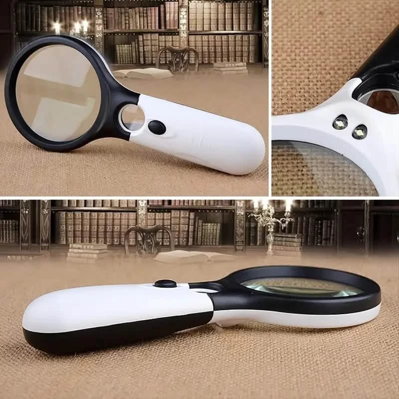 Handheld LED magnifier with white handle, black rim, and side indicator button