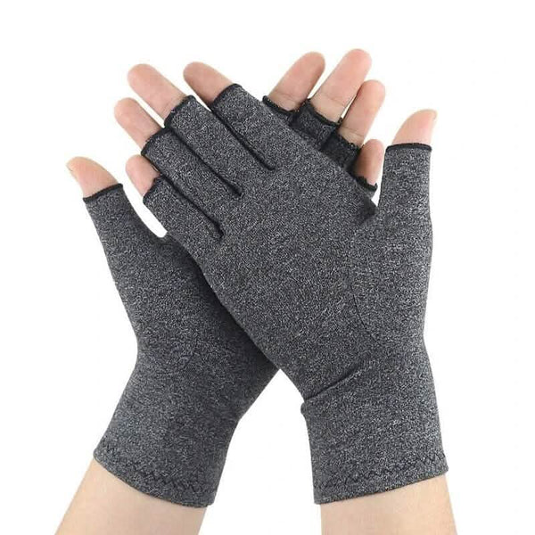 Gray heather fingerless compression gloves with open fingertips, two-hand pair.