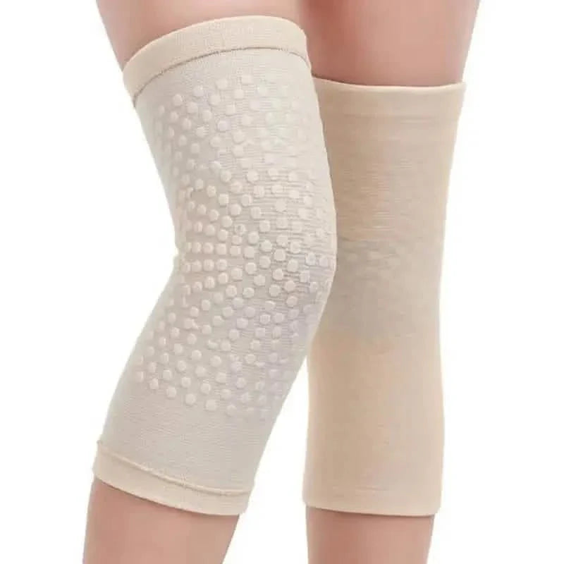 Self-heating knee support pads, beige/cream sleeves with raised white dot grip