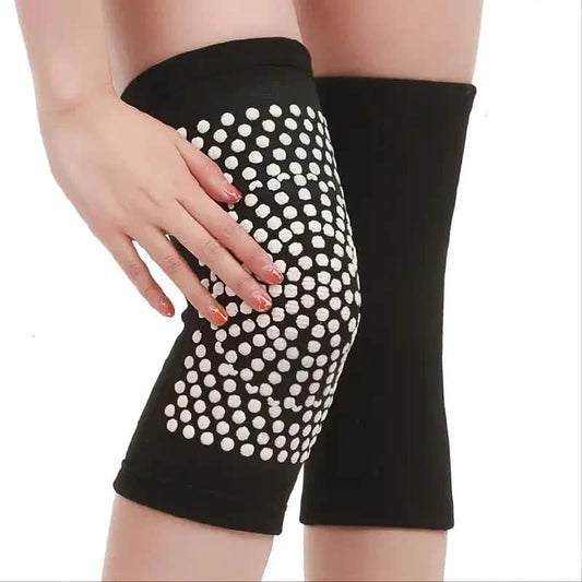 Self-heating knee support pads, black sleeves with white dot grip panel