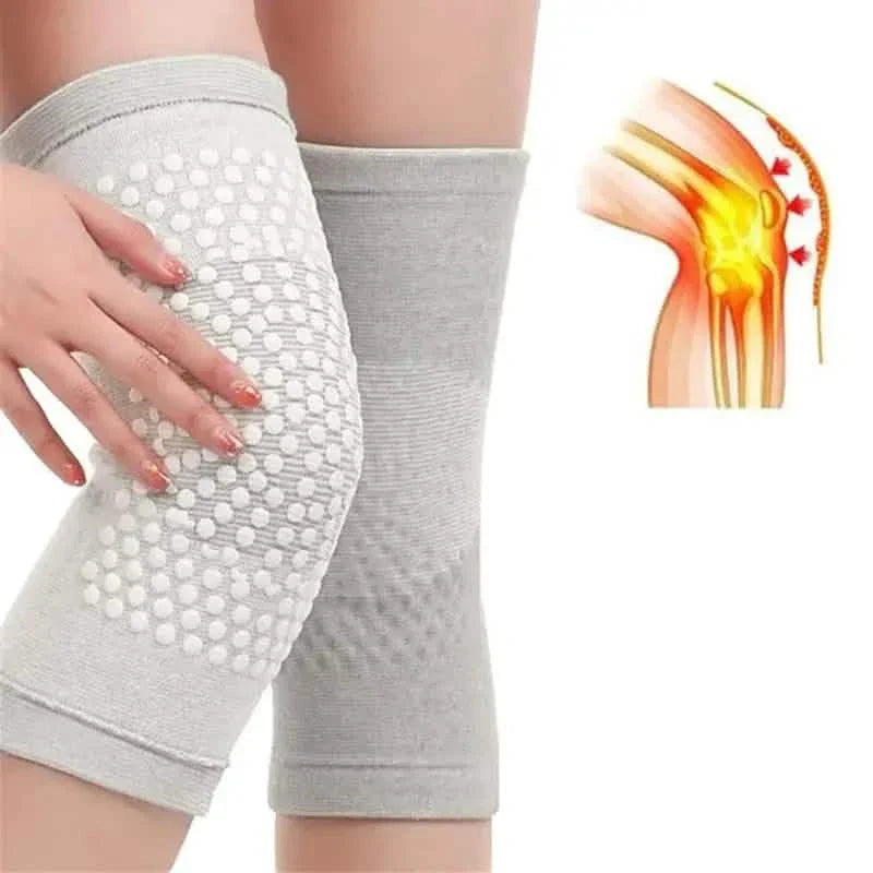 Self-heating knee support pads, light gray sleeves with white dot grip panel