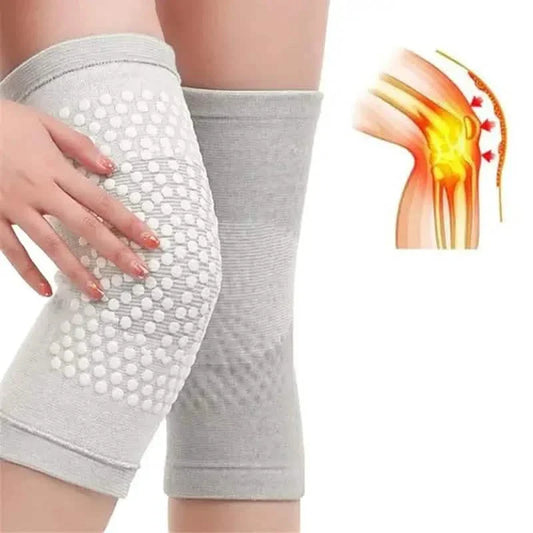 Self-heating knee support pads, light gray sleeves with white dot grip panel