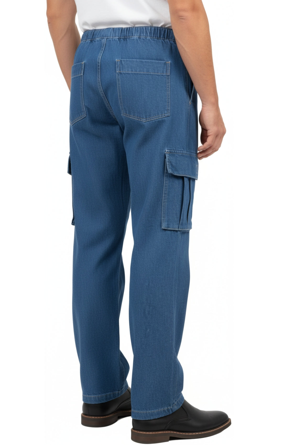 Blue cargo pants worn by a person on a white background