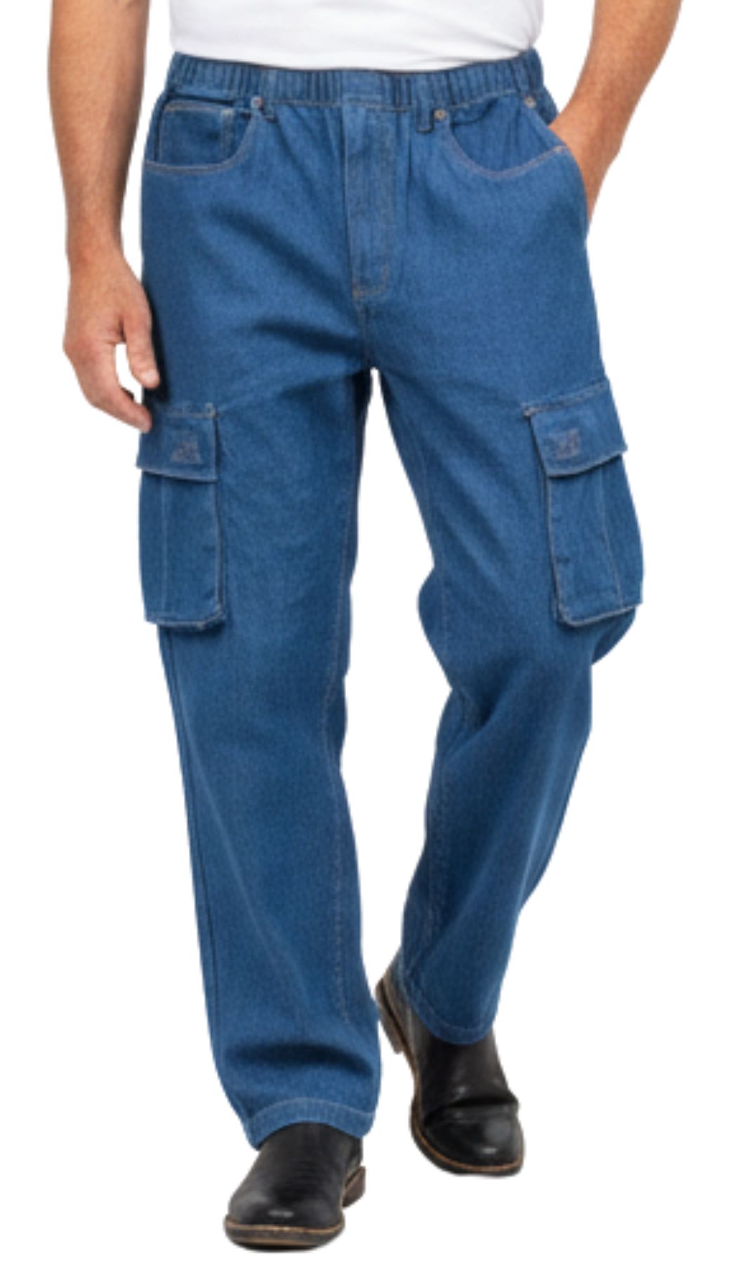 Blue cargo pants worn by a person on a white background