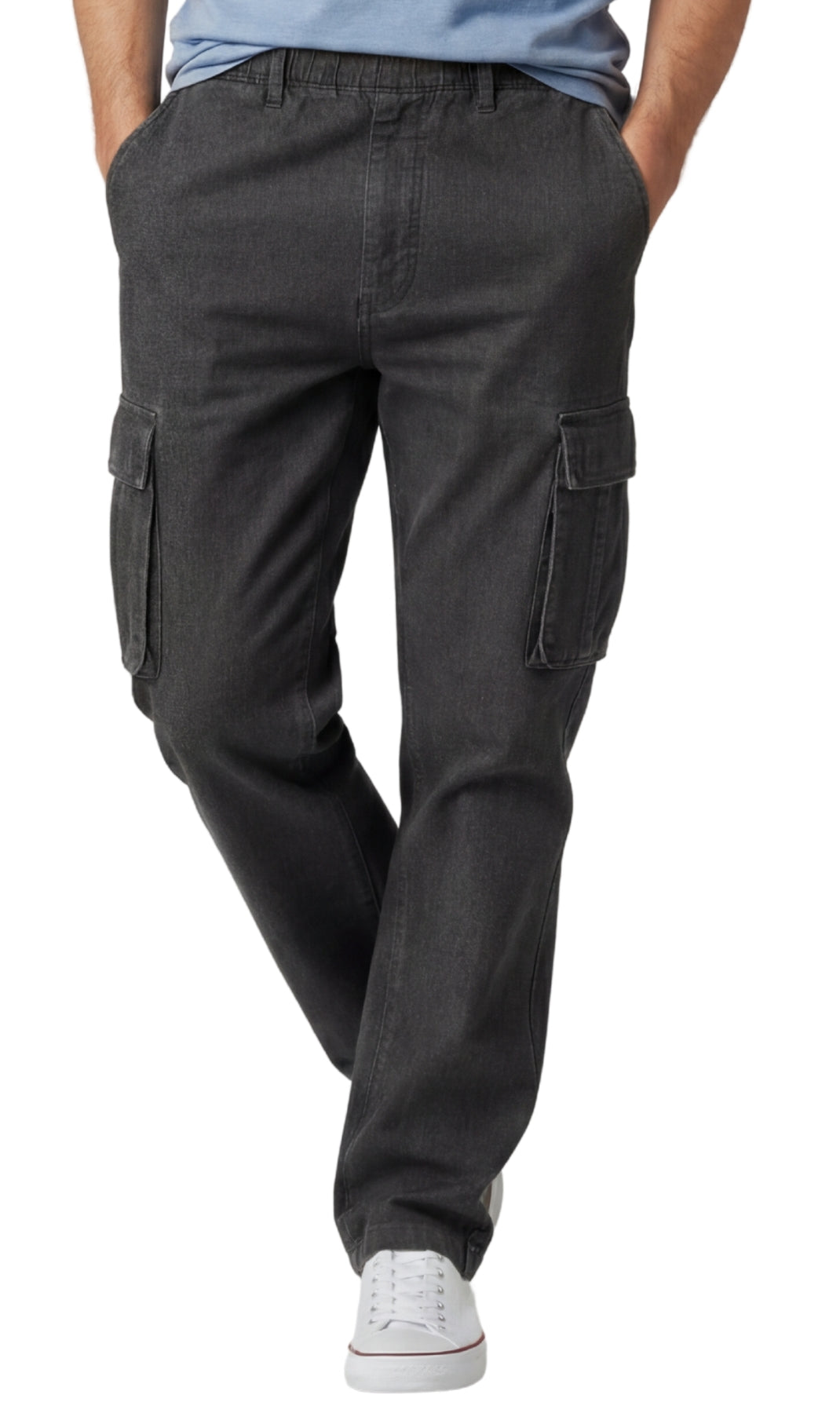 Person wearing dark gray cargo pants on a white background