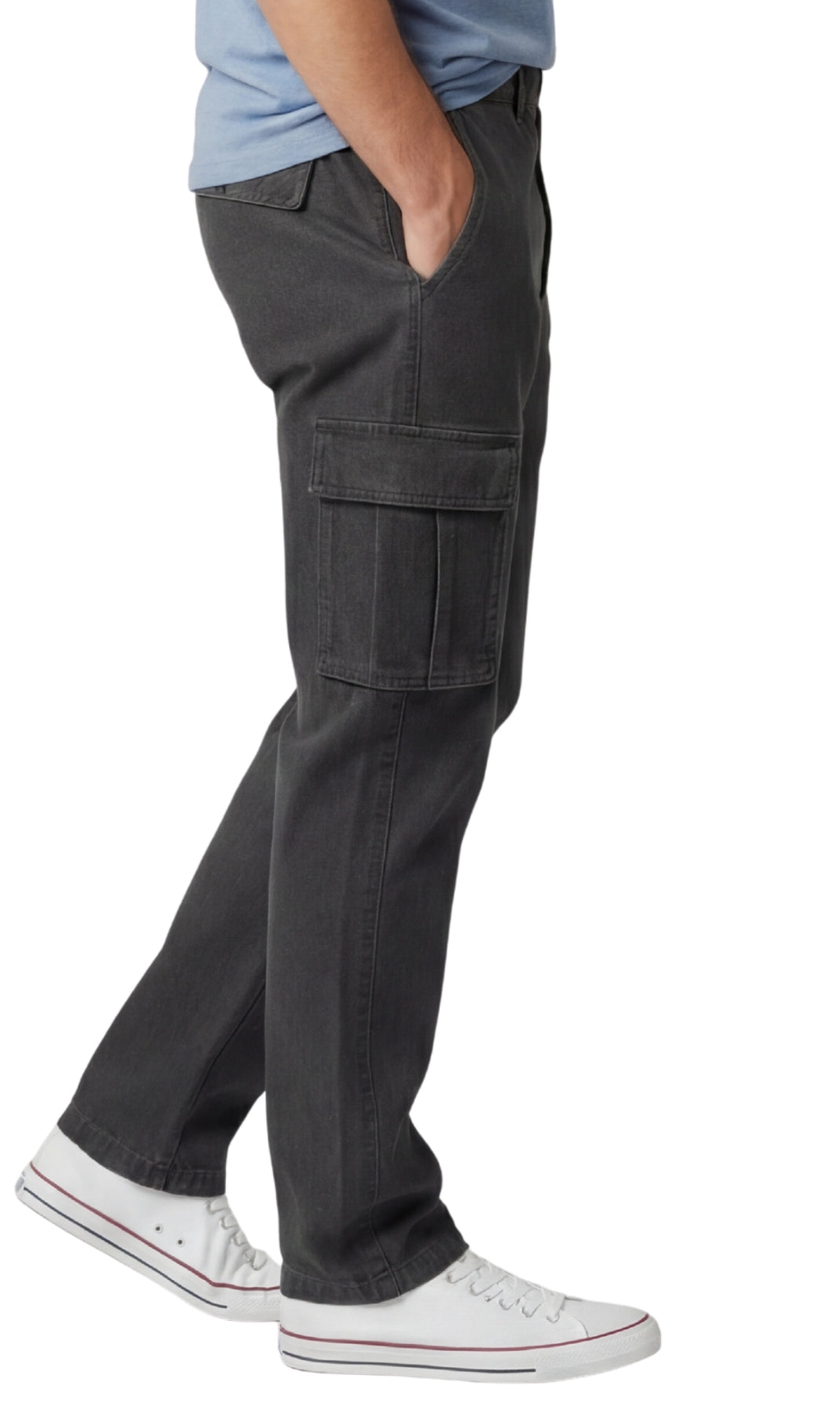 Person wearing dark gray cargo pants on a white background