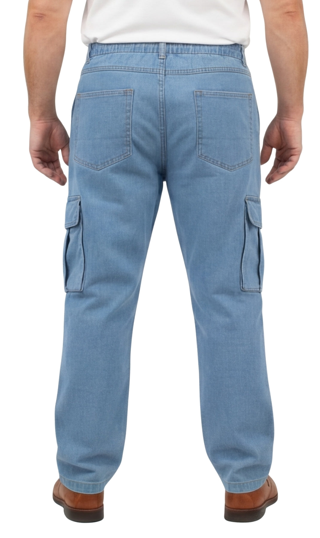 Blue cargo pants worn by a person on a white background