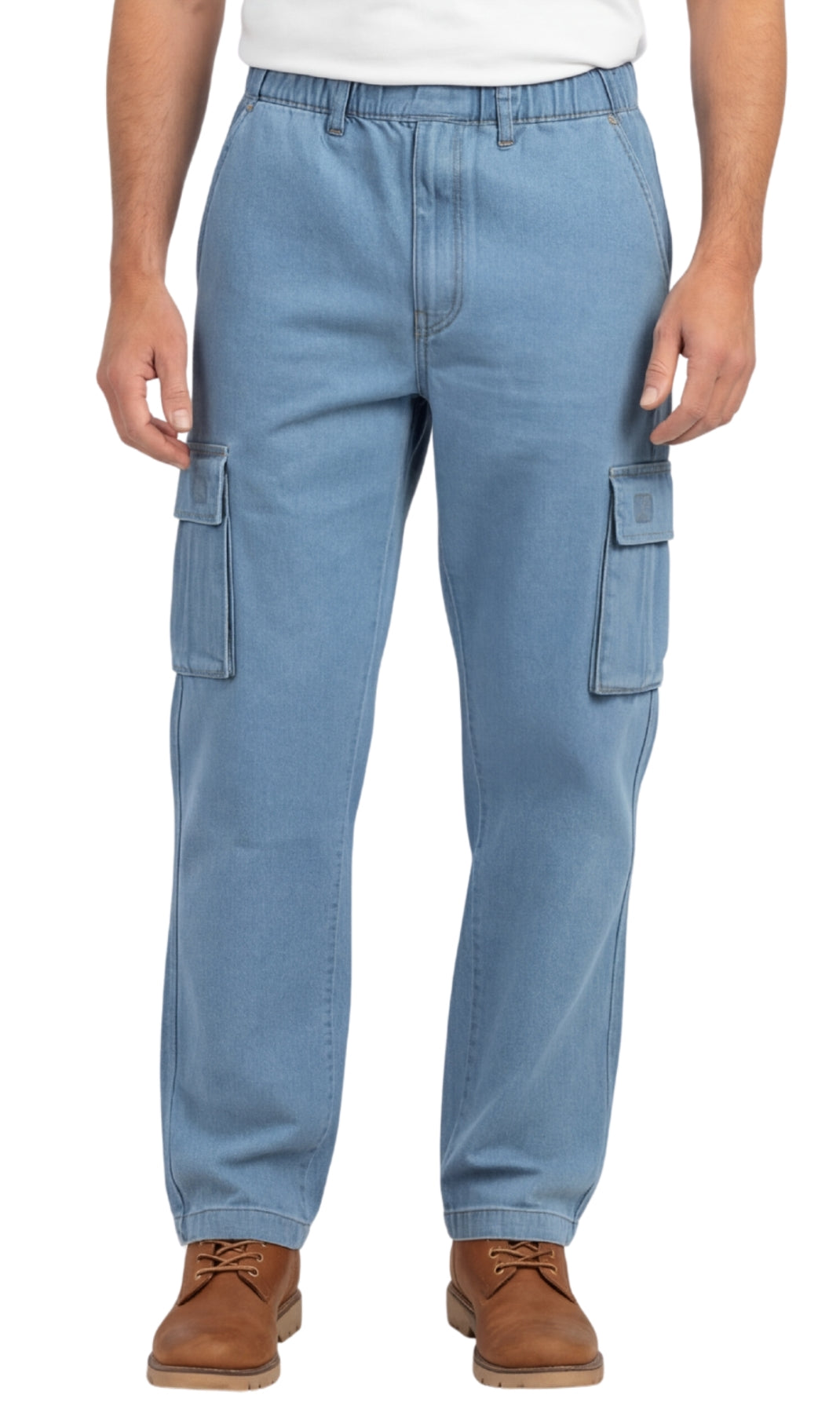 Light blue cargo pants worn by a person on a white background