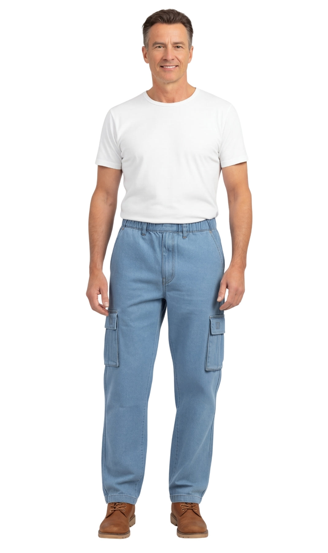 Man wearing a white t-shirt and blue cargo pants on a white background