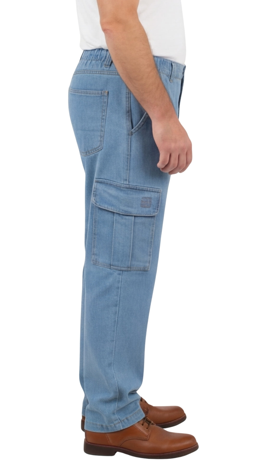 Person wearing light blue cargo pants with a white background