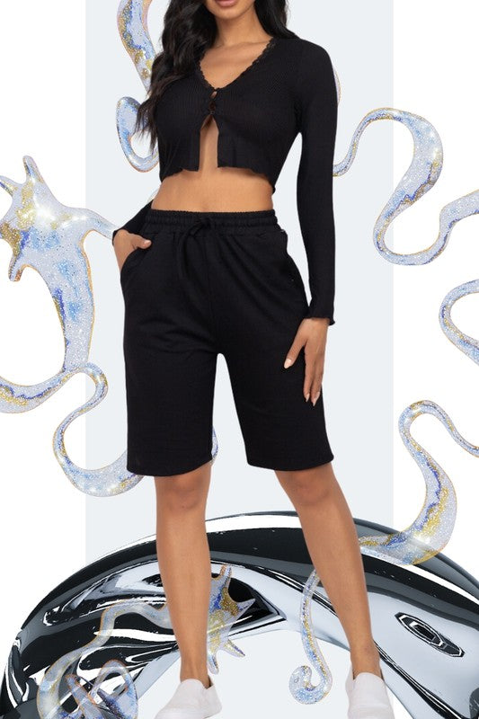 French terry bermuda shorts in black with elastic drawstring waistband
