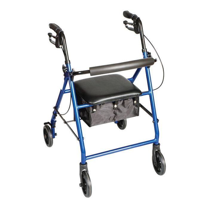 Metallic blue rolling walker with padded seat and attached storage bag, front casters.