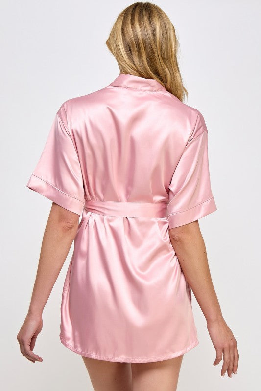 1947 Getting Ready robe, pink satin back view with tie belt, short kimono sleeves