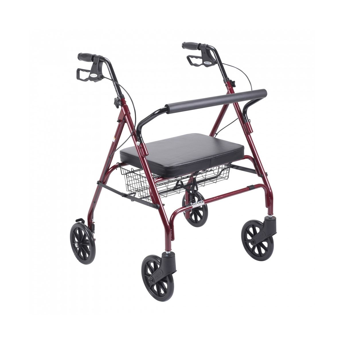 Red rollator walker with padded seat, front wheels, and wire under-seat basket