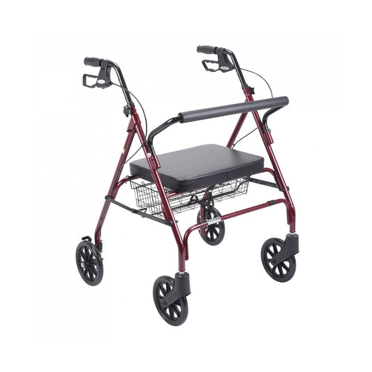 Red rollator walker with padded seat, front wheels, and wire under-seat basket