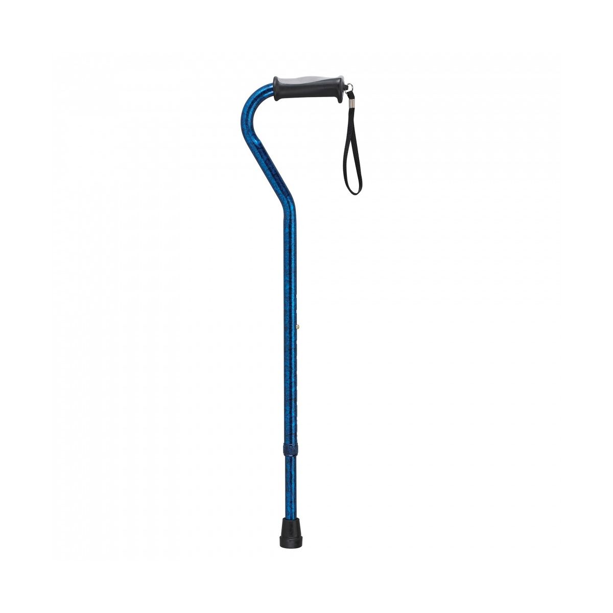 Blue adjustable height offset handle cane with padded gel hand grip and wrist strap