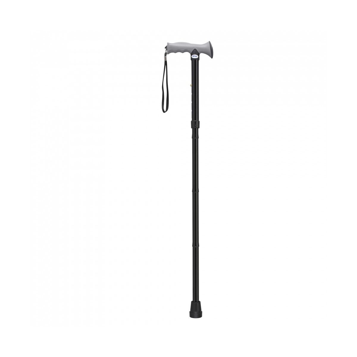 Black folding cane with gel hand grip, adjustable height segments, wrist strap