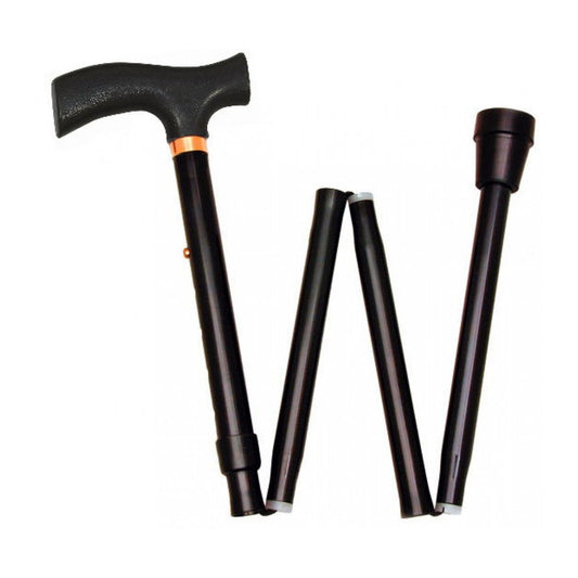 Black adjustable folding cane with T-handle and telescoping legs