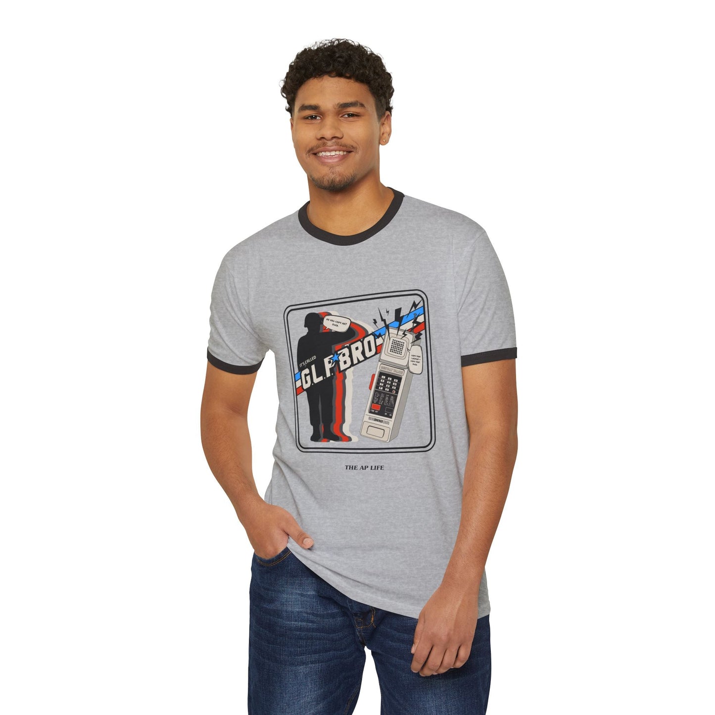 Heather gray adult unisex cotton ringer T-shirt with black trim and front graphic print.