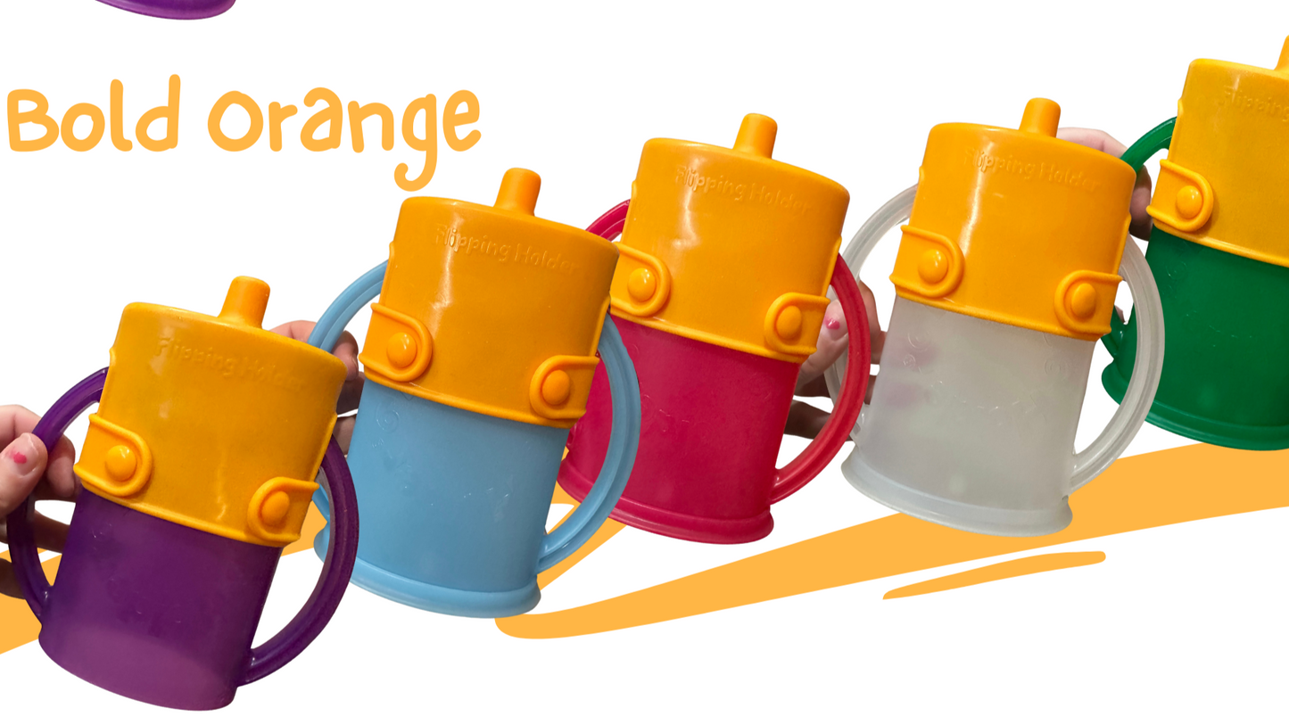 Bright orange flipping holder for food pouches and juice boxes with side handles