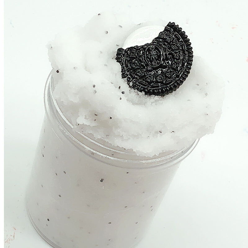 Lollipop slime in clear cup with white slime and black patterned topper