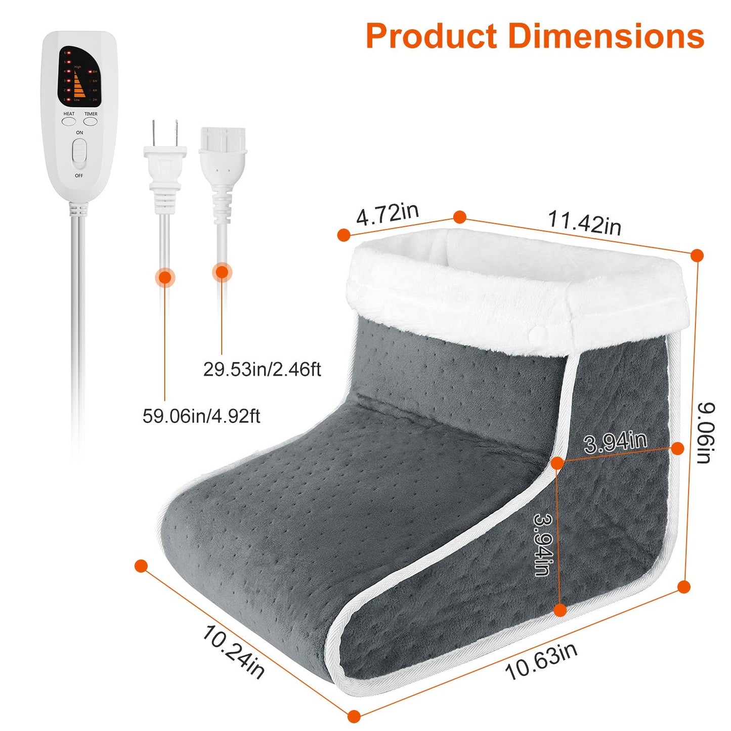 Heated foot warmer and wired controller, gray outer fabric with white fleece trim