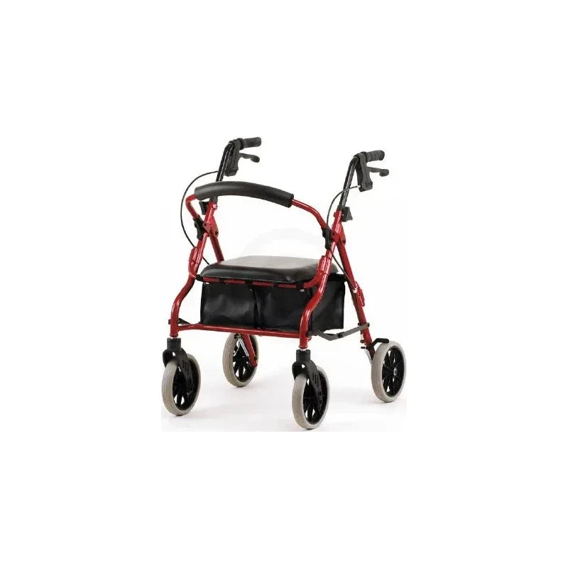 Red and black rolling walker with padded seat, storage bag, and four swivel wheels