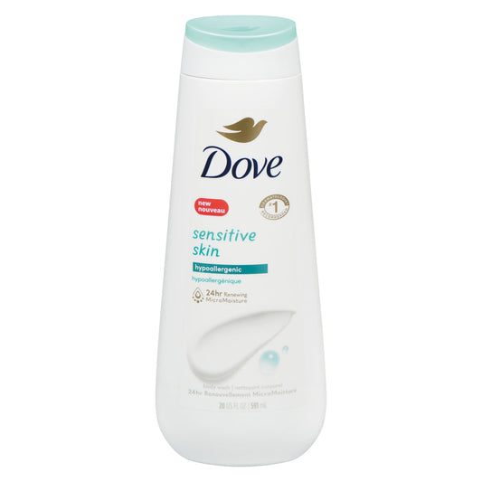 Dove Sensitive Skin body wash bottle, white with teal cap, 22 fl oz