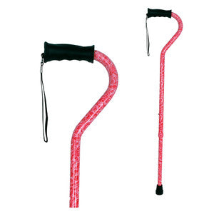 Rose-colored walking cane with offset handle and wrist strap, black rubber tip