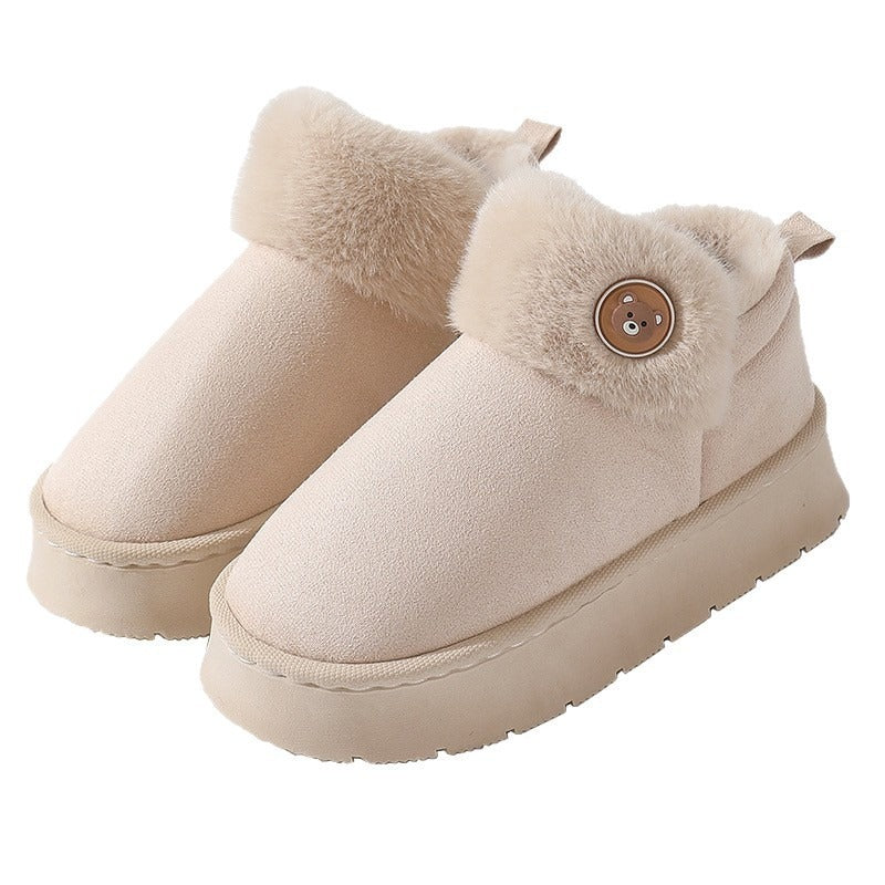 Cream ankle wrap cotton slippers with plush cuff and bear button