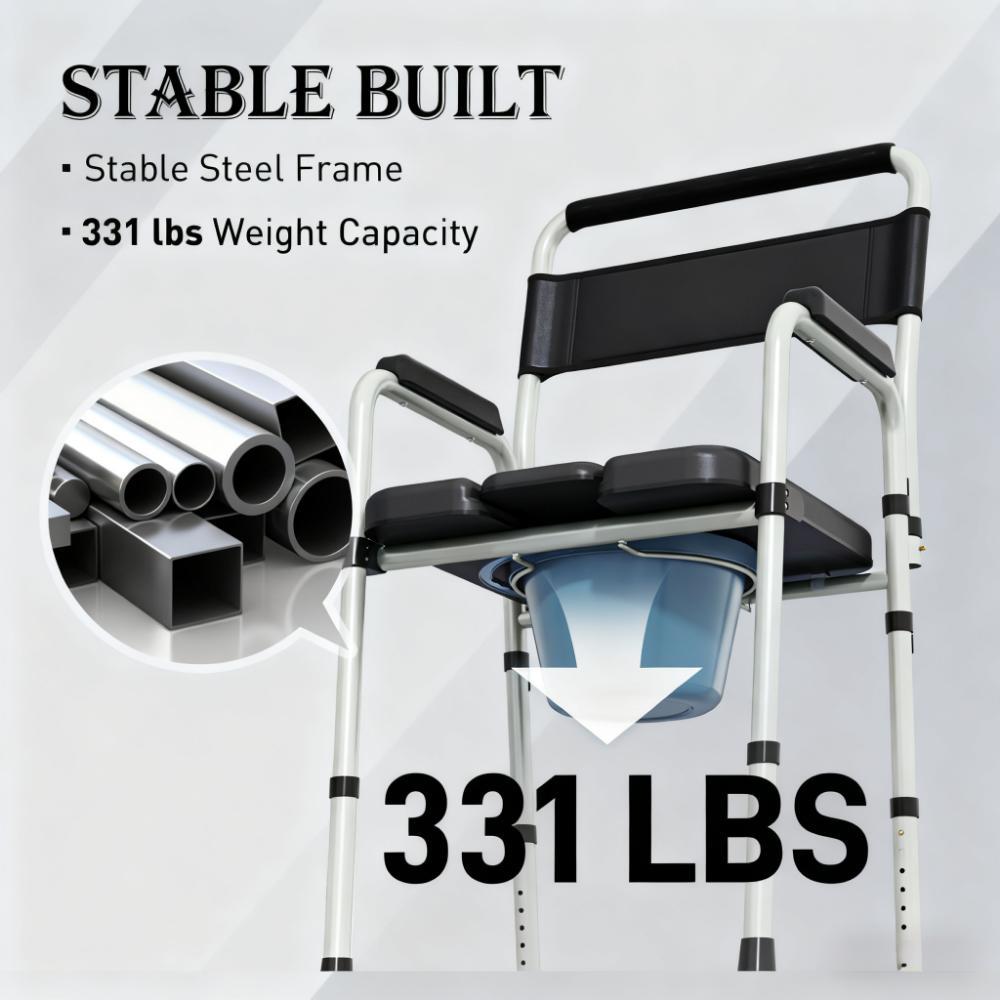 Adjustable steel commode chair with black seat, armrests, and removable blue bucket