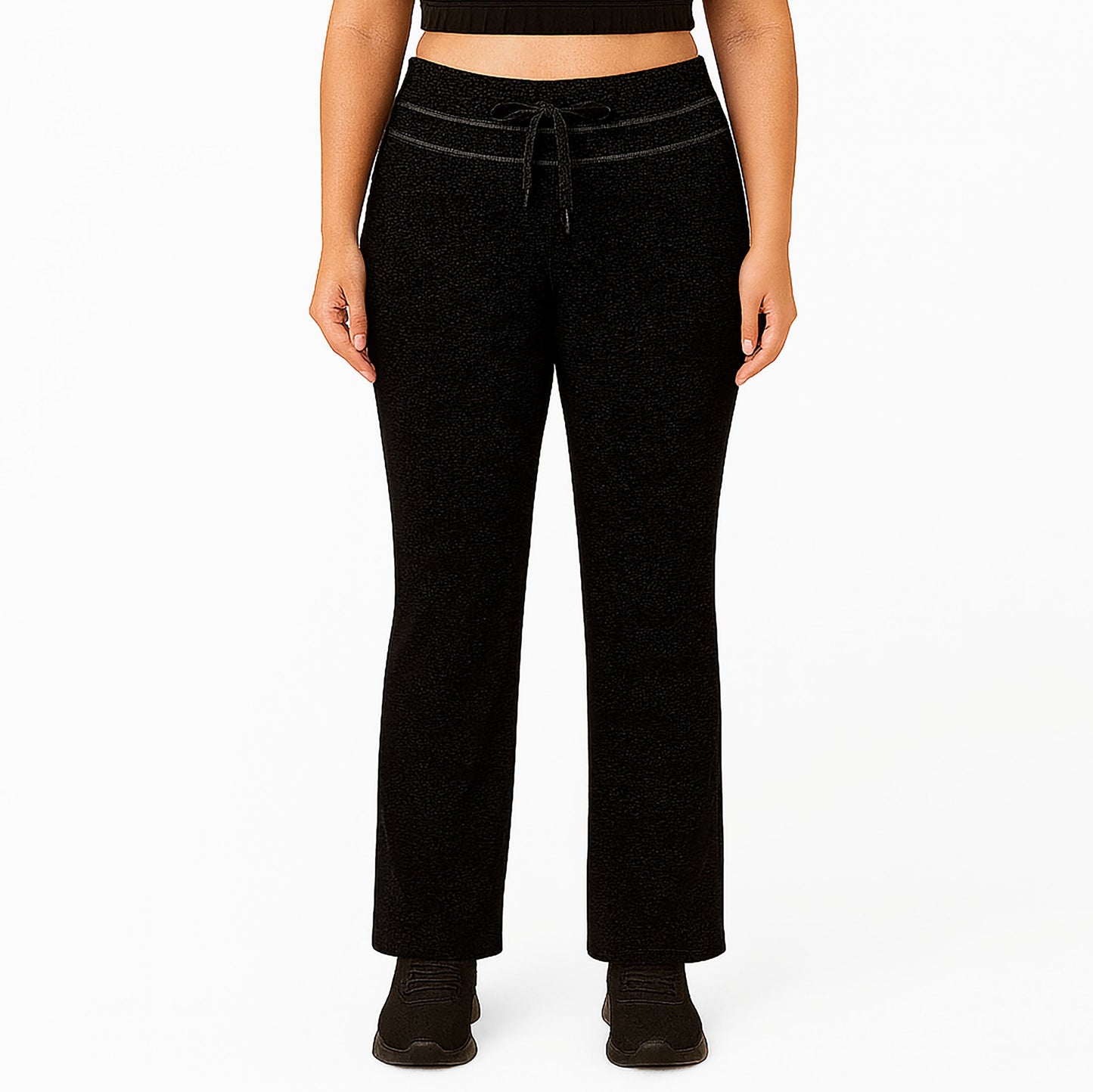 Black straight leg pants with drawstring waist