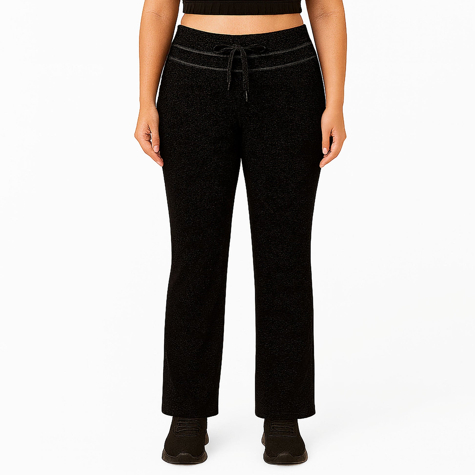 Black straight leg pants with drawstring waist