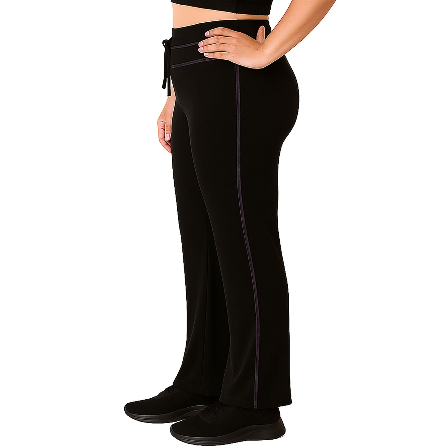 Black straight leg pants with side stripe and drawstring
