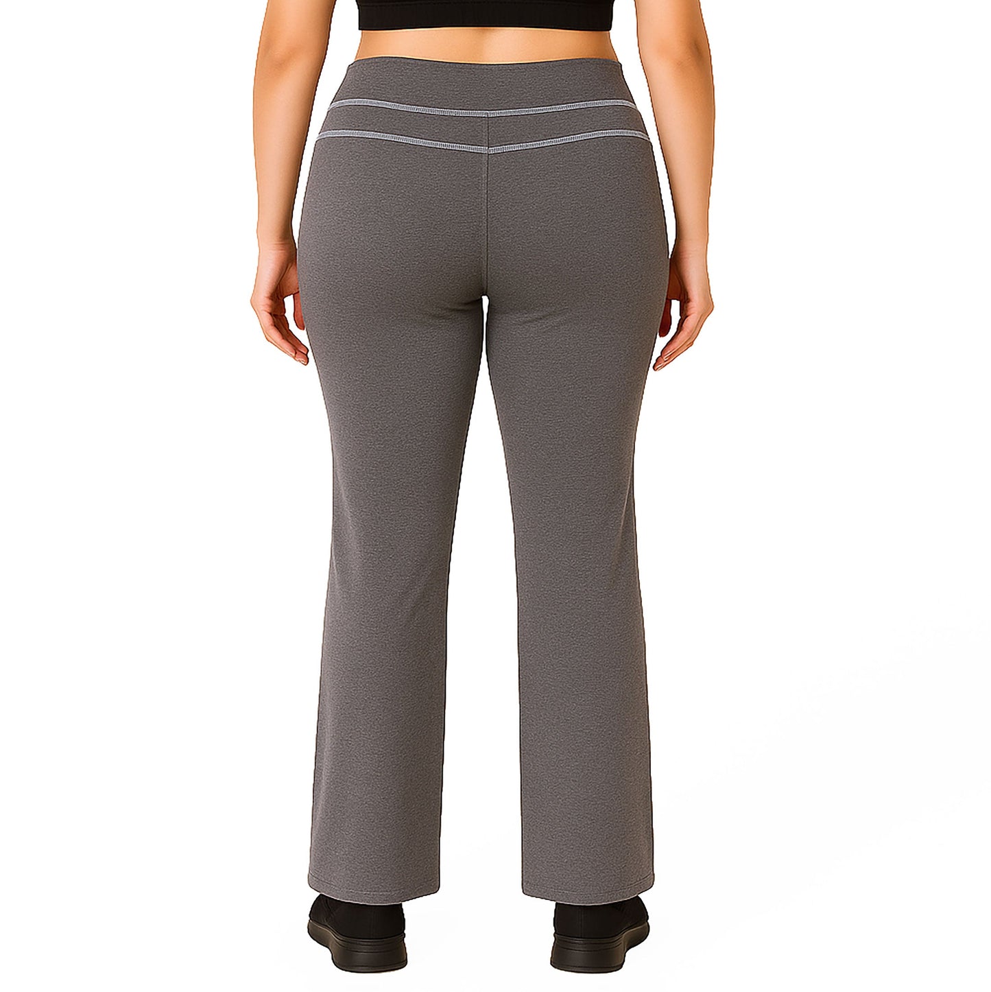 Grey straight leg pants, back view