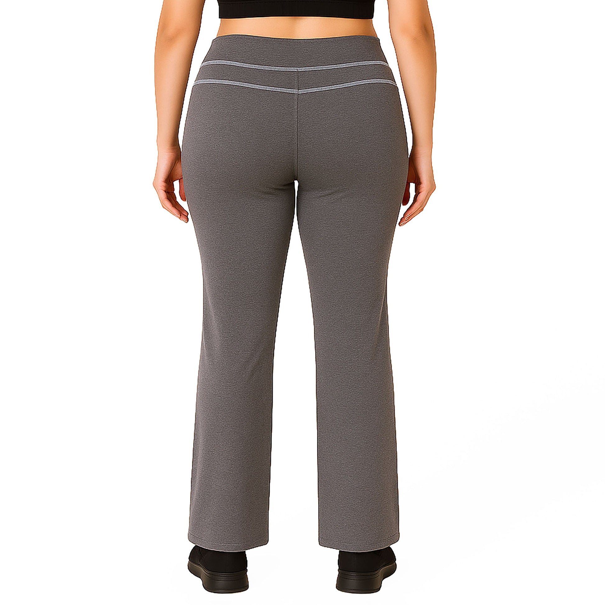 Grey straight leg pants, back view