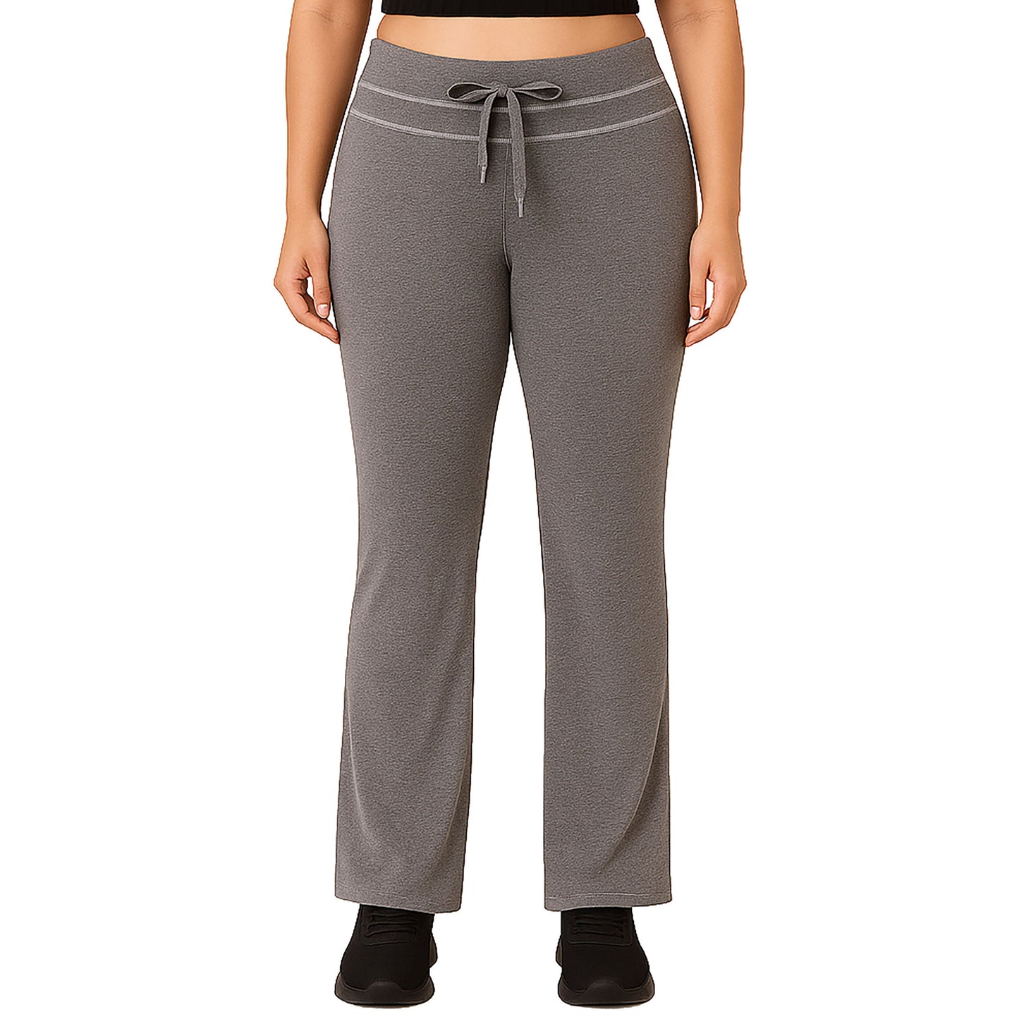 Grey straight leg pants with drawstring waist