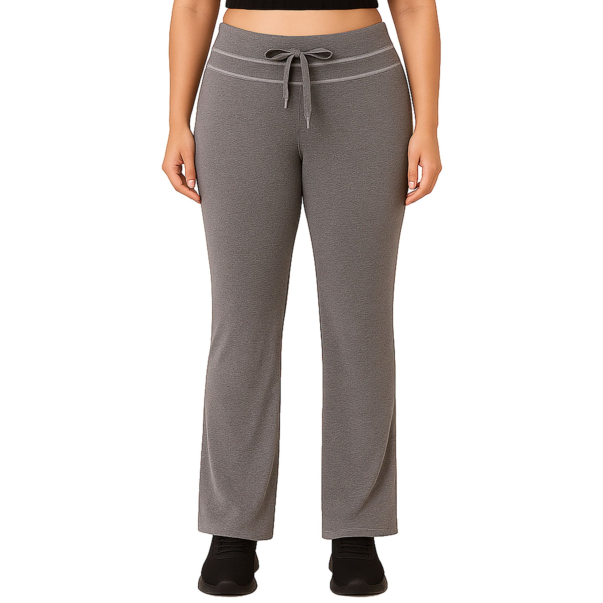 Grey straight leg pants with drawstring waist