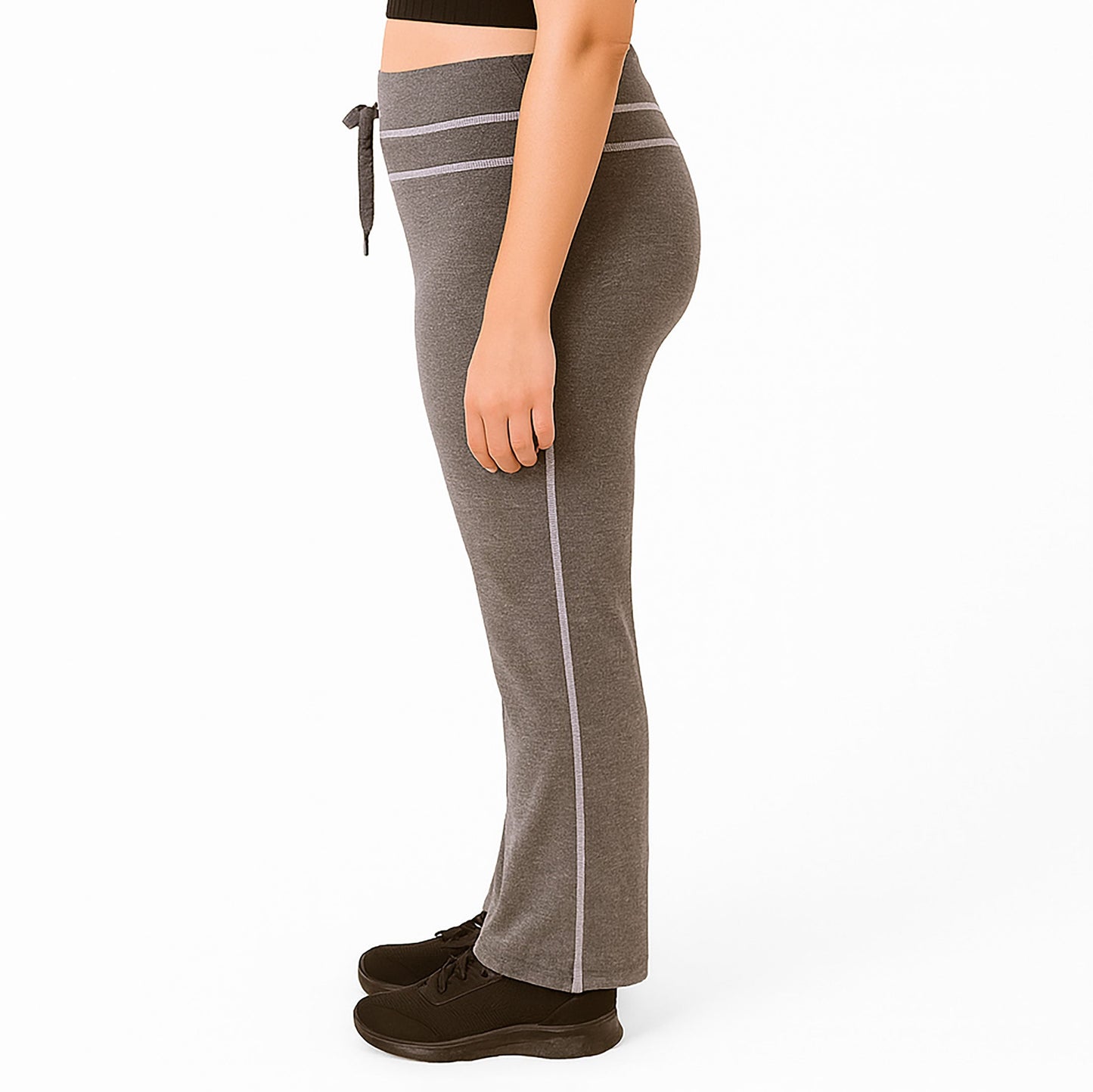 Grey straight leg pants with side stripe and drawstring