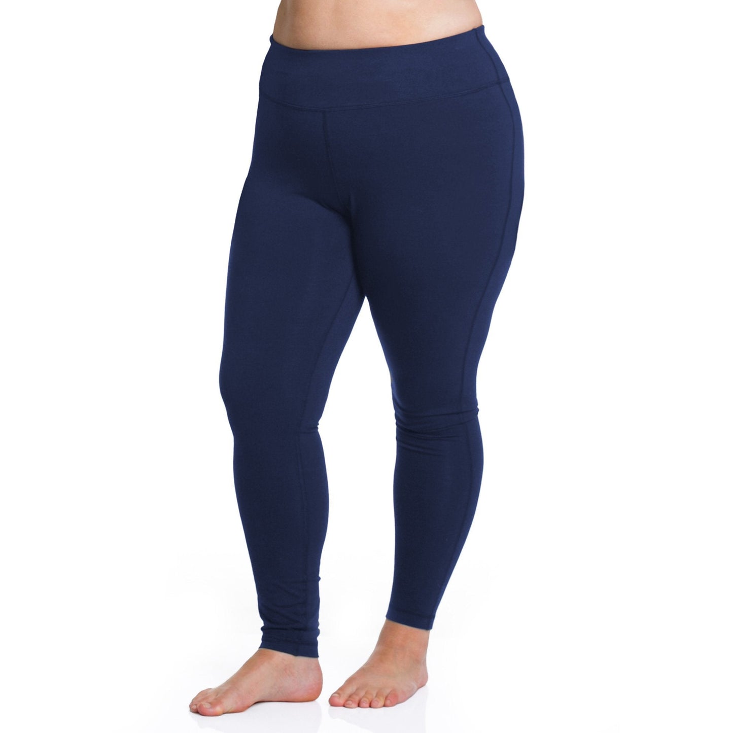 Navy basic leggings with wide waistband and snug, ankle-length legs