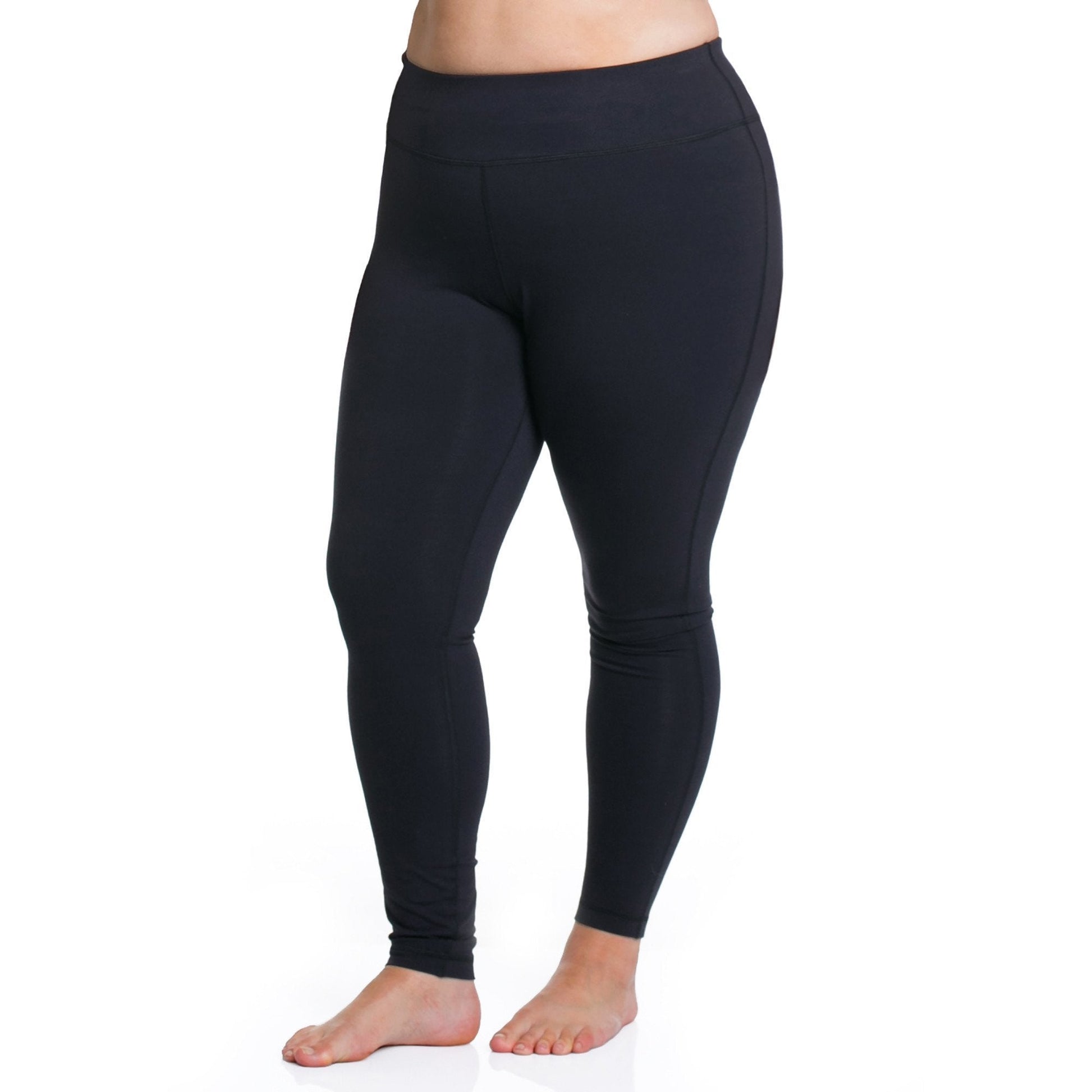 Black basic leggings with wide waistband, fitted full-length leg