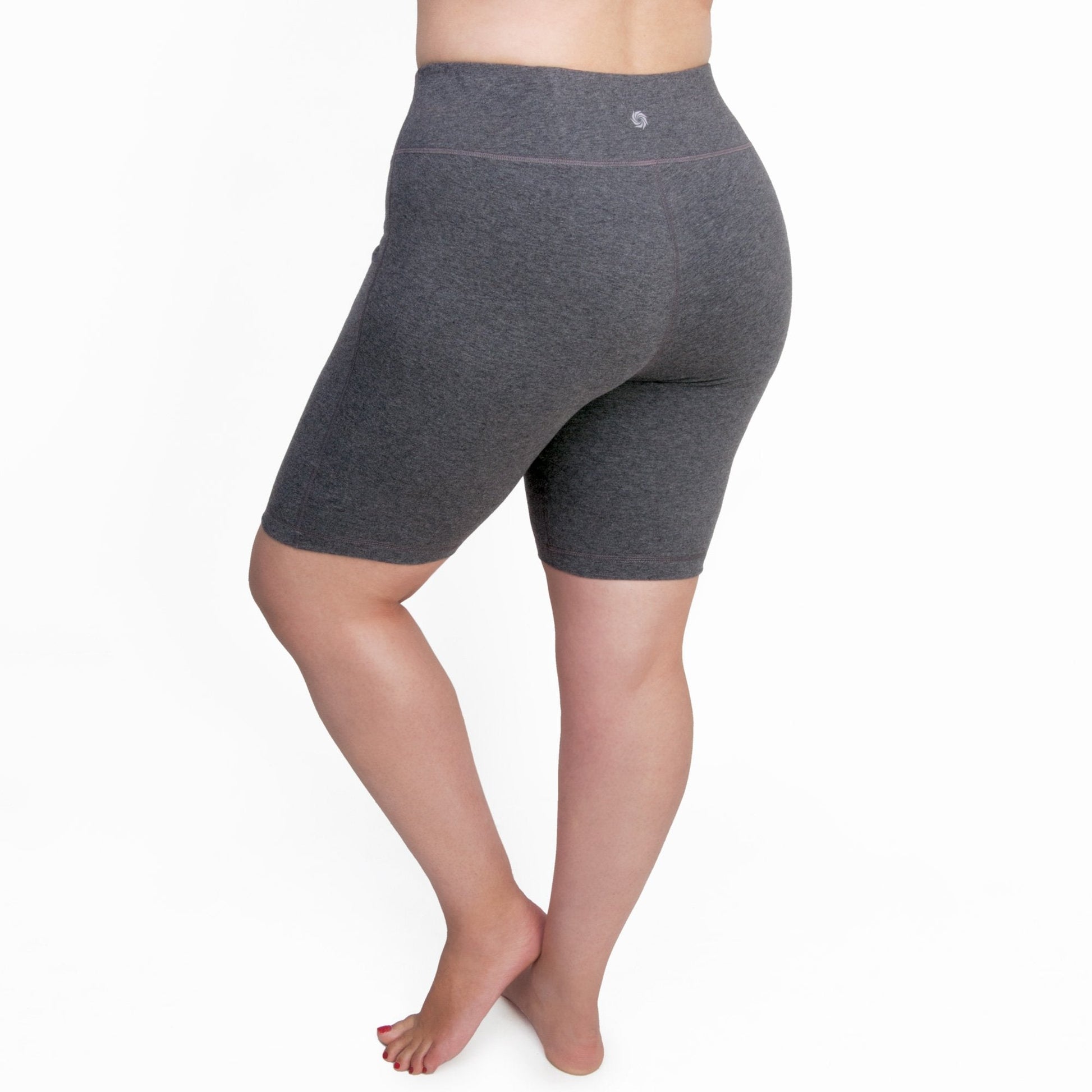 Charcoal heather gray bike shorts, mid-thigh length with elastic waistband and logo