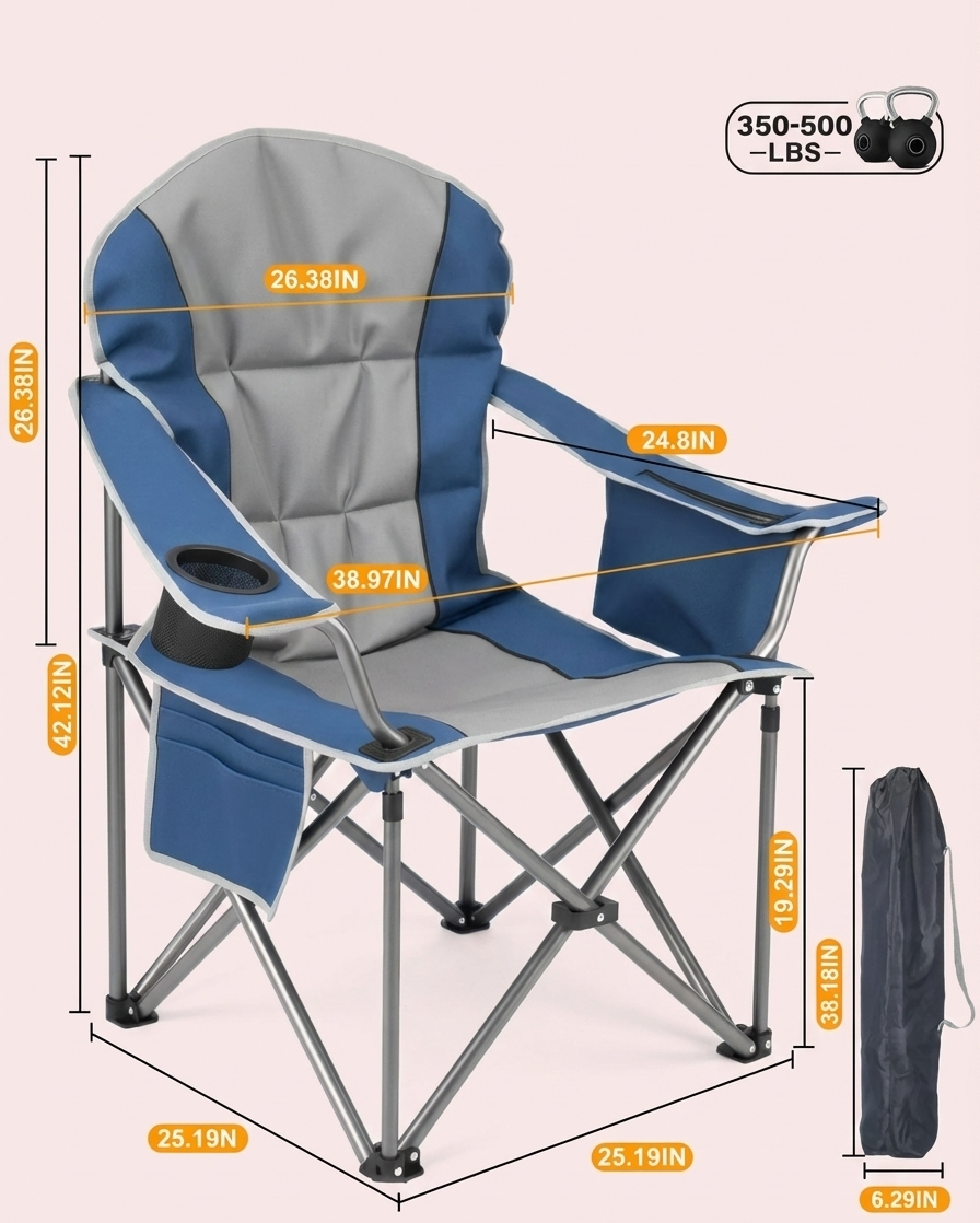 Lake blue folding camping chair with gray cushions and attached carry bag for storage.
