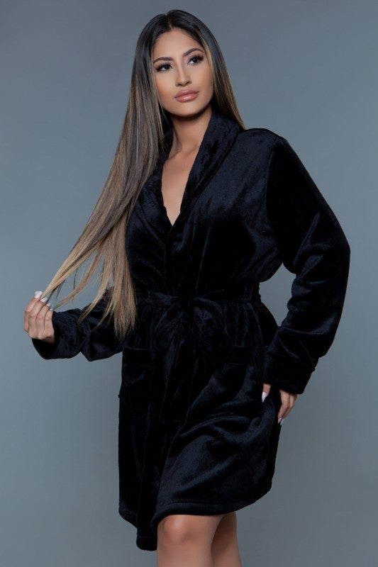 Black plush robe with V-neck shawl collar, tie belt, long sleeves and short wrap length