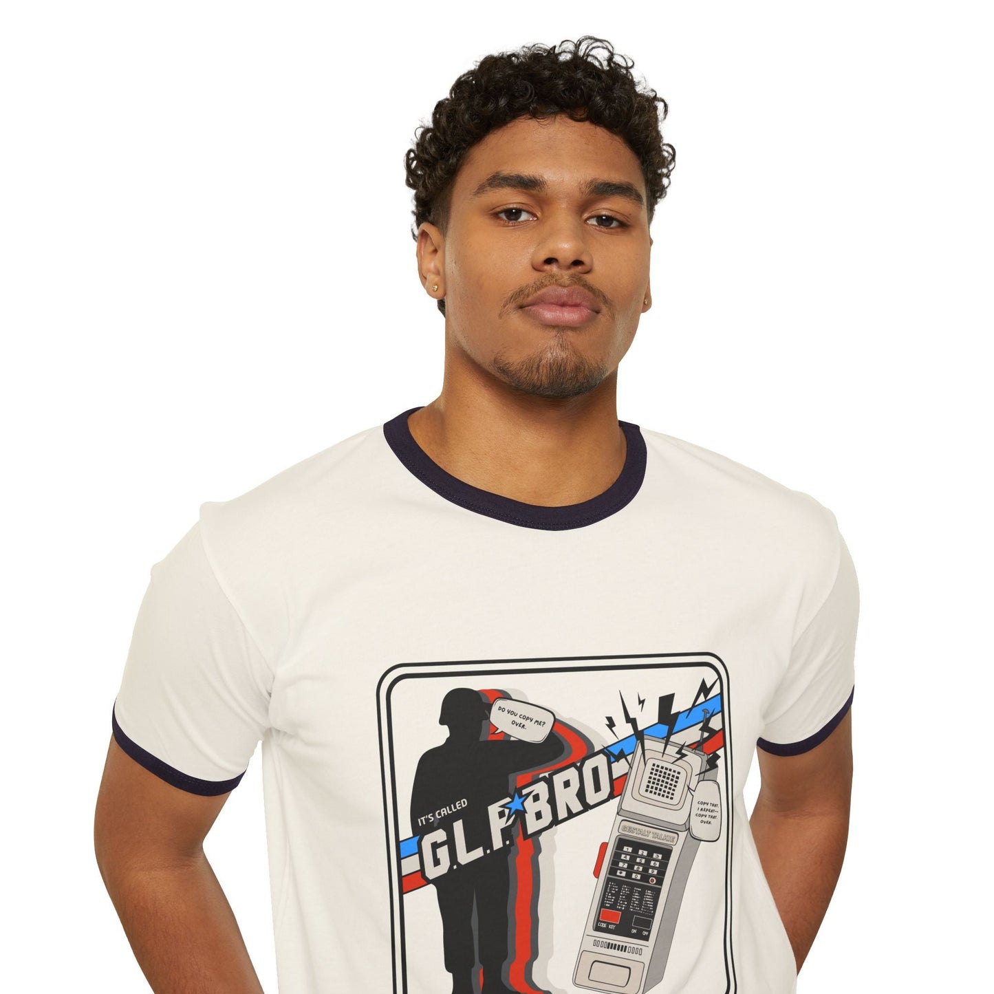 Natural (cream) adult unisex cotton ringer T-shirt with navy trim; close view of front graphic.