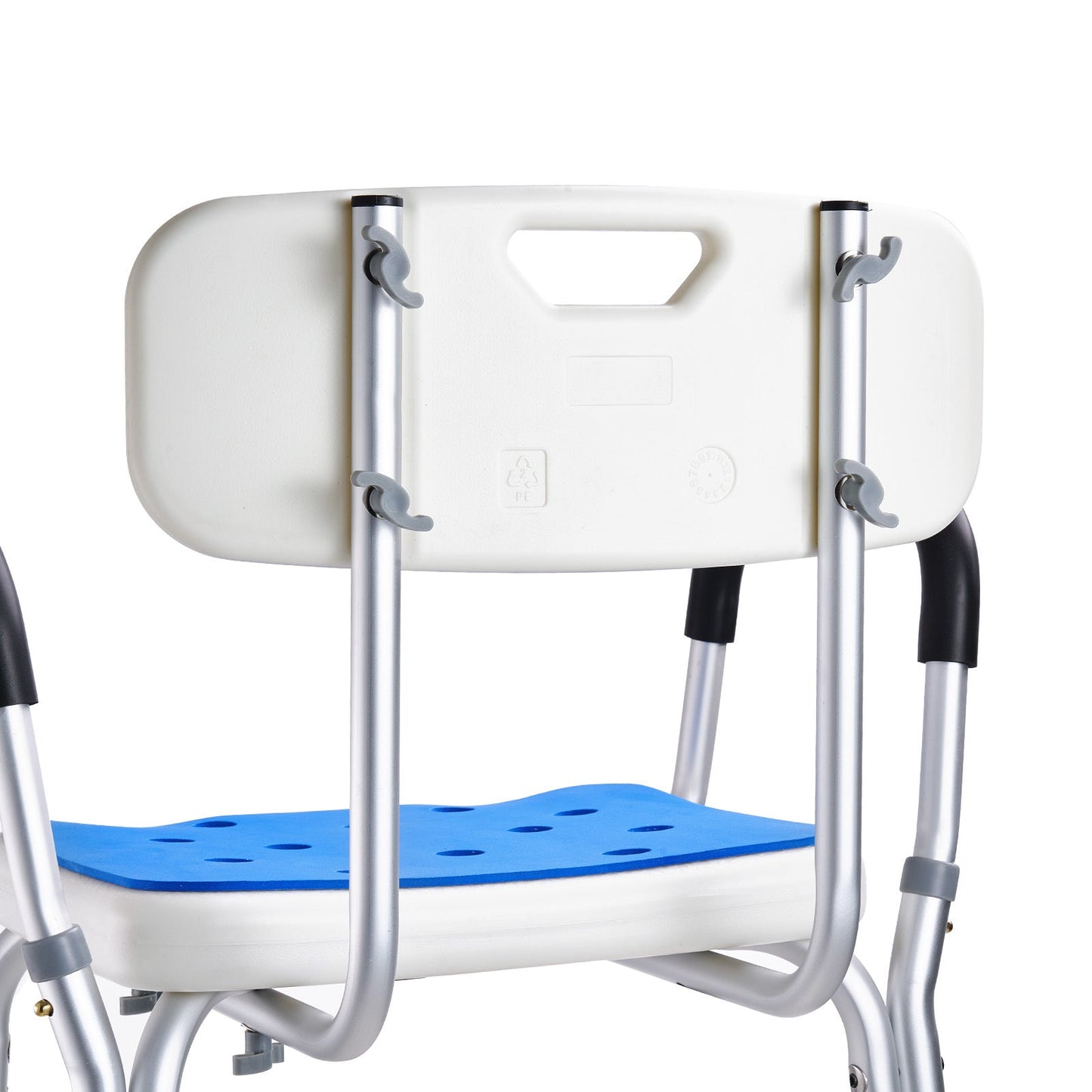 White shower chair with blue seat and metal frame on a white background
