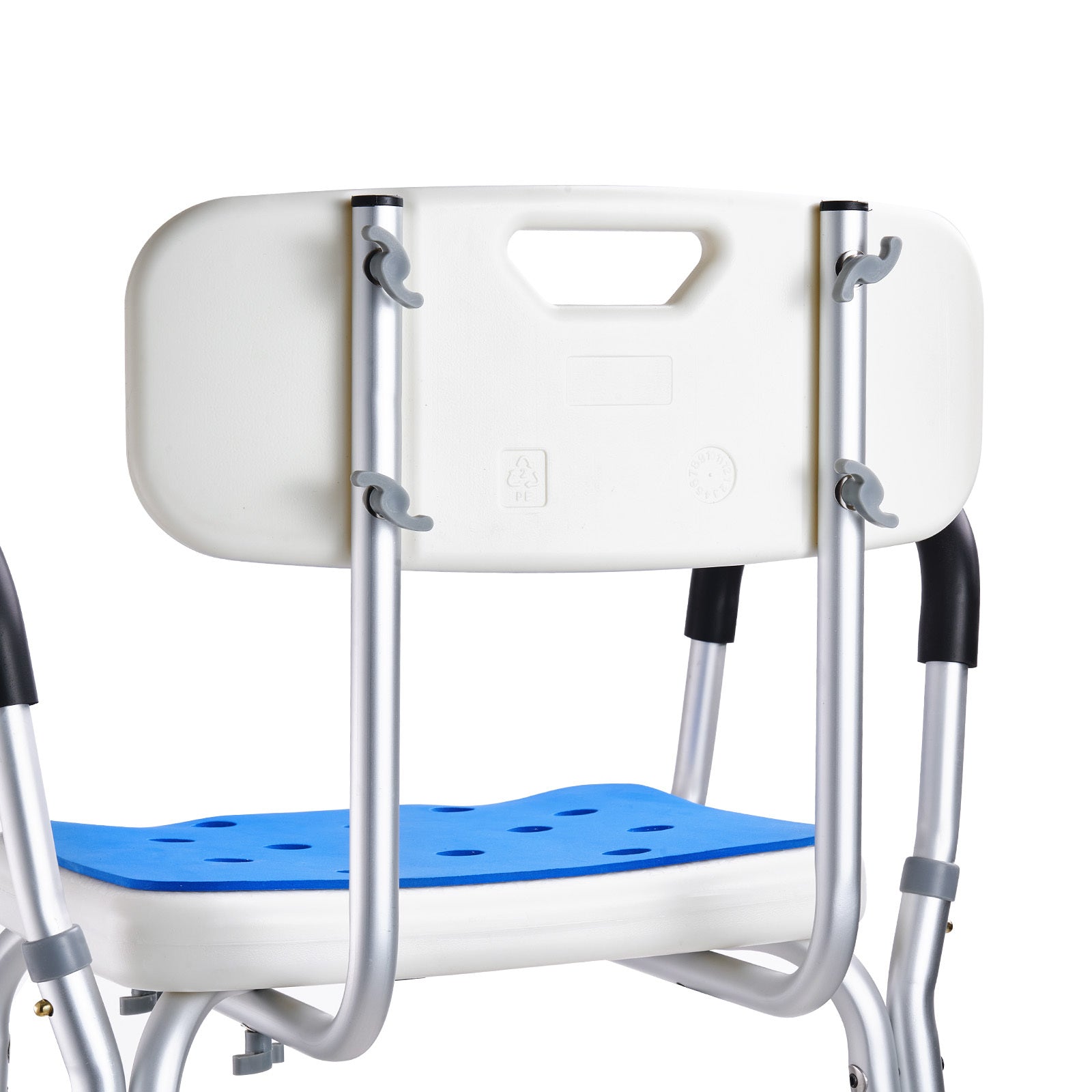 White shower chair with blue seat and metal frame on a white background