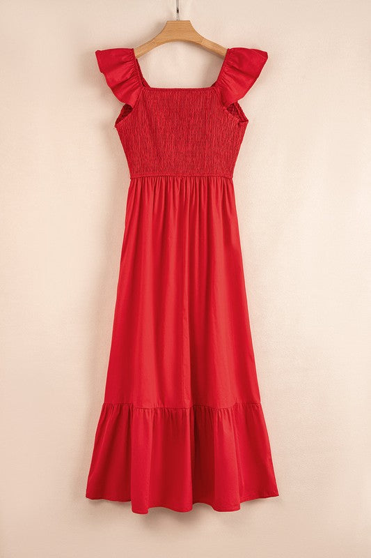 Red sleeveless smocked maxi dress with flutter shoulders and tiered skirt
