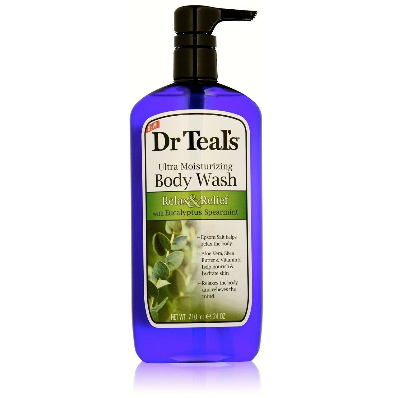 Dr Teal's ultra moisturizing body wash bottle with black pump, purple liquid