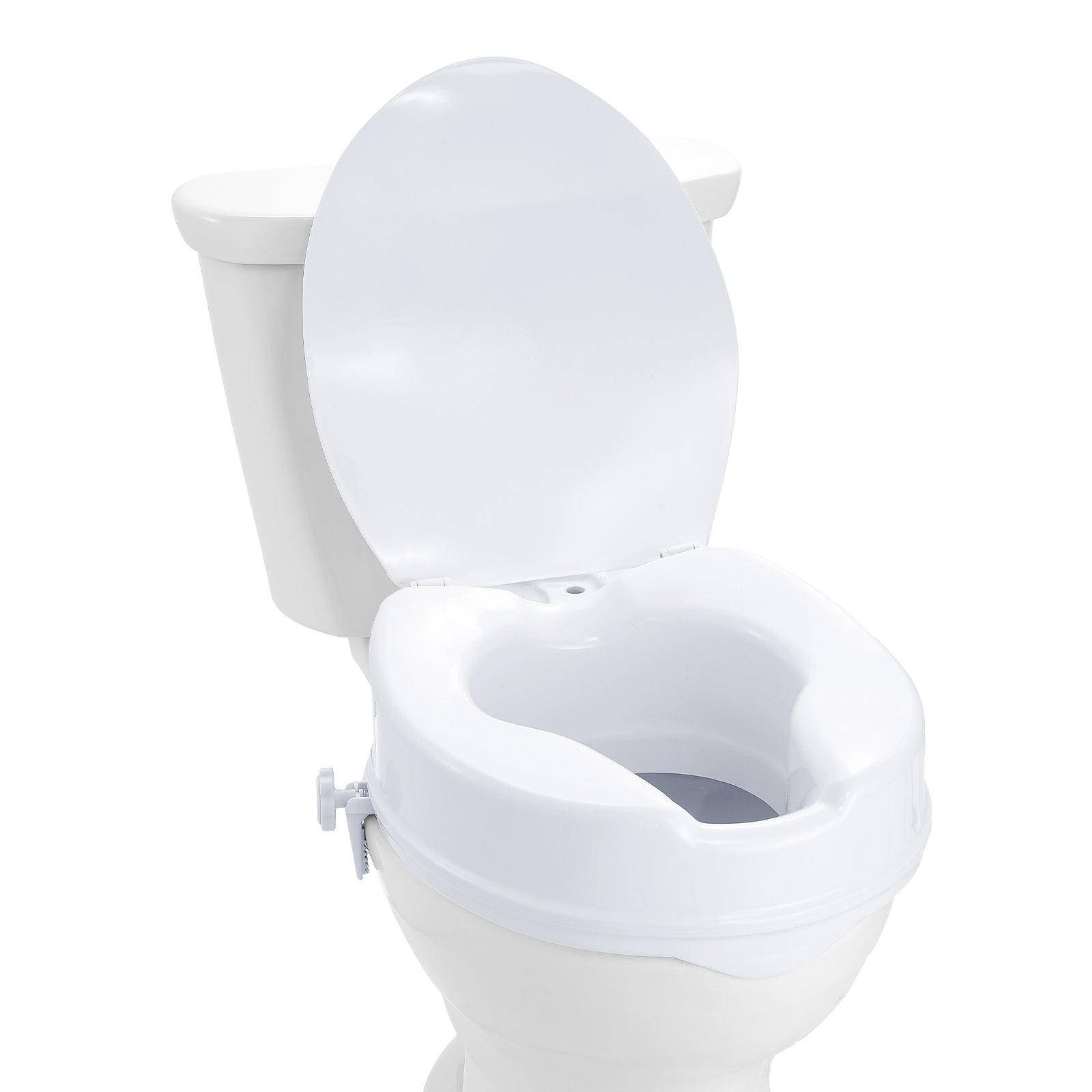 Raised white toilet seat with padded-style contoured opening and secure side knobs